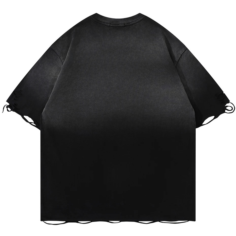 Distressed Ripped T-shirt Metal Star T-shirt Emrboidery Retro Loose T-shirt Mens Harajuku Street Clothing Extra Large Hip Hop T-shirt 250403