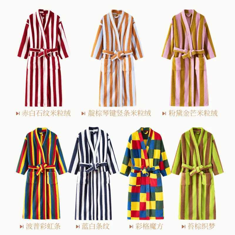 Thickened Flannel Robe Pants Pajamas Set Autumn Winter New Couple Coral Velvet Women Men Bathrobe Striped Lengthed Home Clothes C251104
