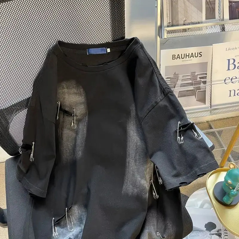 Foufurieux Fashion Ripped Oversized T-shirt Summer Harajuku Street Clothing Hip Hop T-shirt Grunge T-shirt Mens Harajuku T-shirt 250403