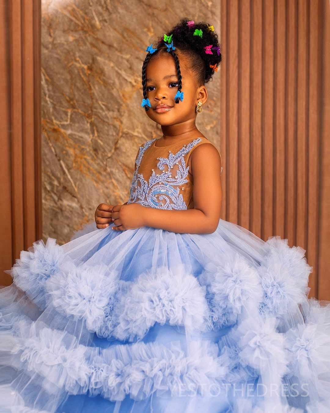 2025 Aso Ebi Blue Flower Girl Dresses Children Birthday Dress Illusion Feather Sheer Neck Appliqued Lace Tiered Tulle Princess Queen Ball Gown For Mar