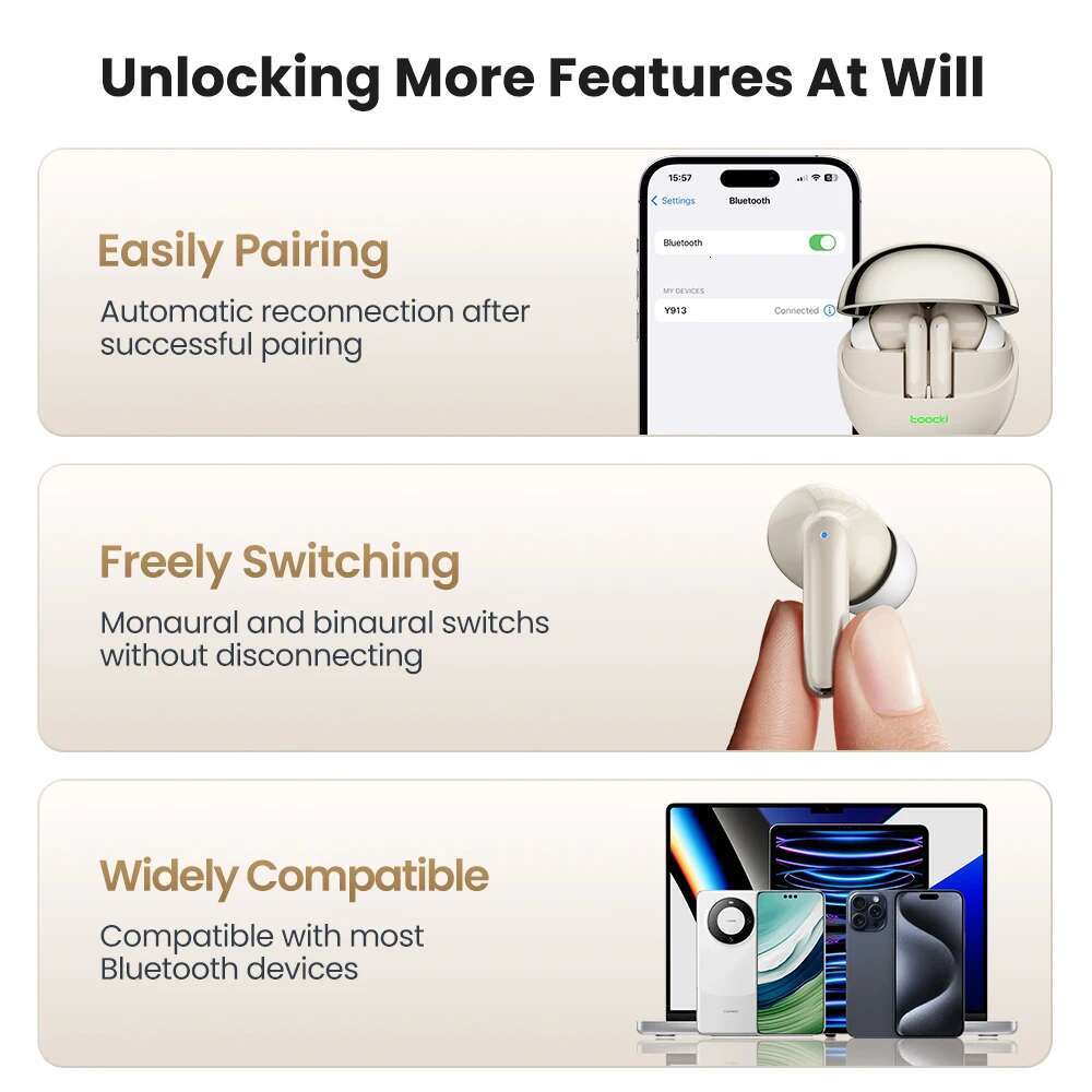 Toocki TWS Bluetooth 5.3 Earphones In-Ear Earbuds Lightweight Headsets 13mm Dynamic Coil Sport Outdoor Headphone 250mAh Battery