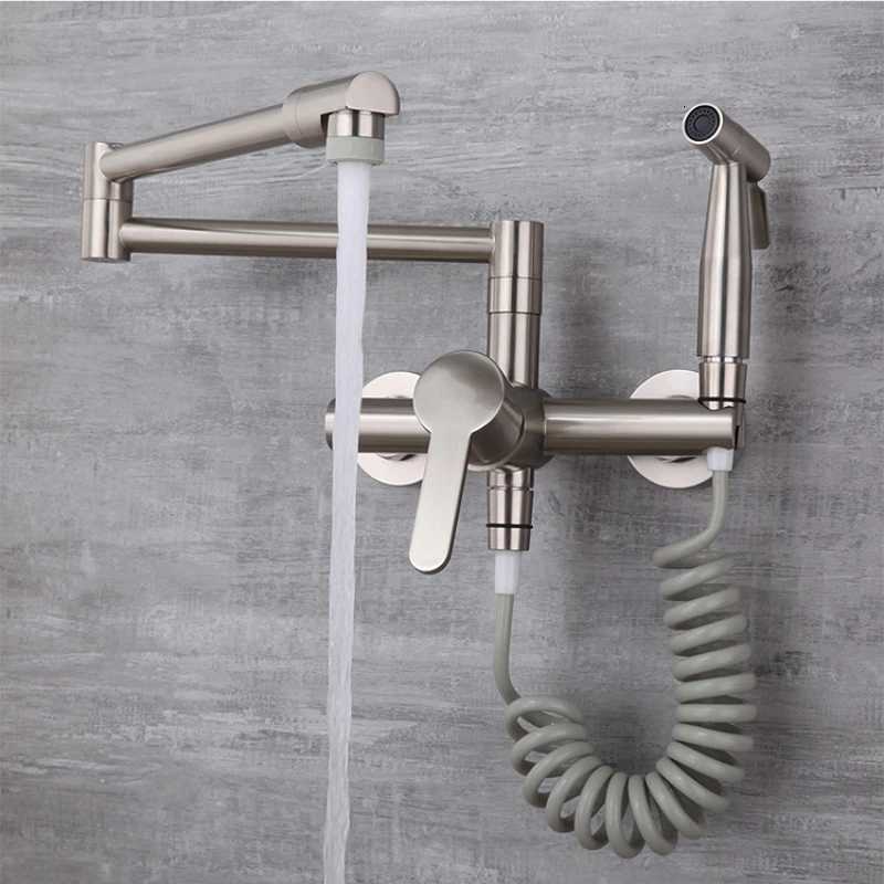 Kitchen Faucet With Spray Gun Double-Jointed Pot Filler Kitchen Sink Faucet Wall Mount Retractable Foldable Mixer Tap Swing Arm Y251104