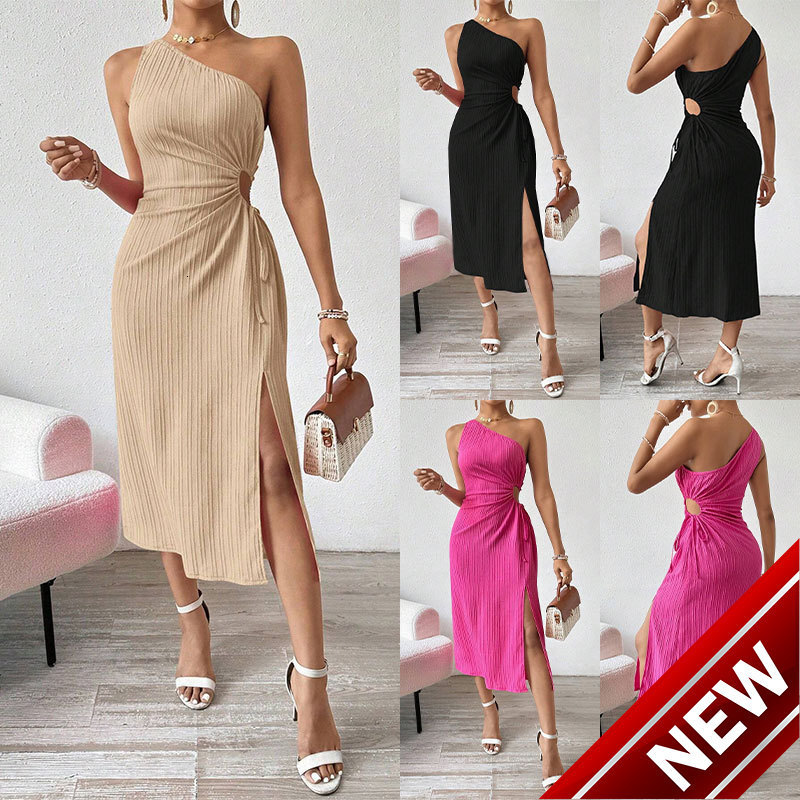New 2025 Summer Womens Fashion Trendy Style Slant Shoulder Waist Split Dress