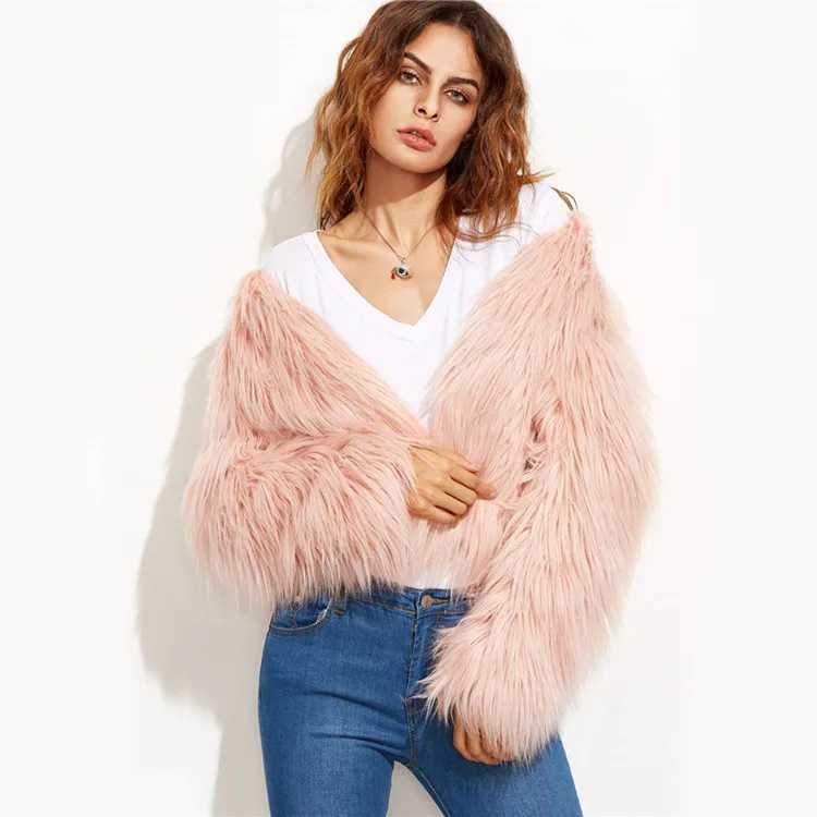 KIDCRKJ Winter Women Faux Fur Coat Round Neck Pink Thick Mink Fur Jacket For Lady Long Detailed Hair Eco Fur Outwear For Female J251103