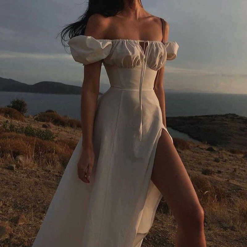 French dress for spring and summer of 2023 womens slimming commuter bubble sleeve lace-up slit long skirt