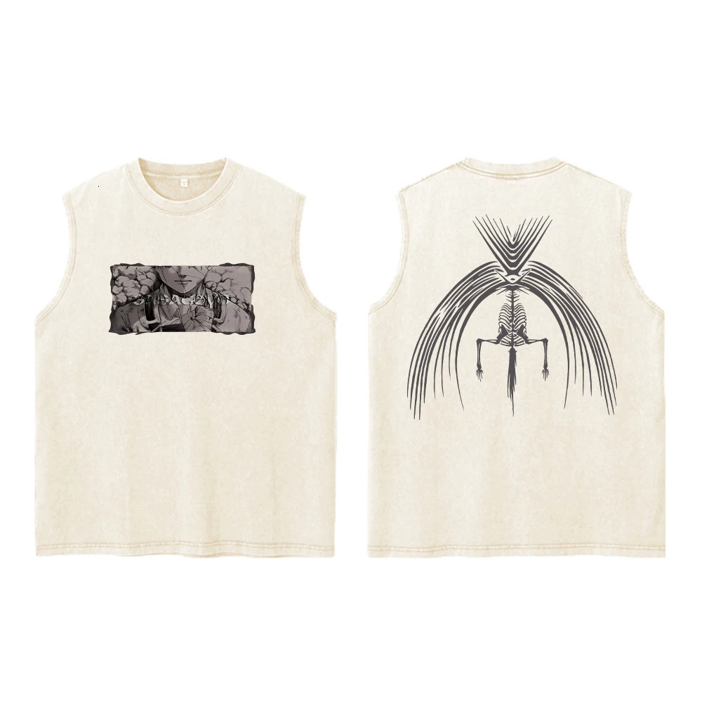 Attack on Titan Anime Acid Washed Printed Vest 100% Cotton Streetwear Tops Vintage Manga Fashion Oversized Vest for Men Unisex 250402