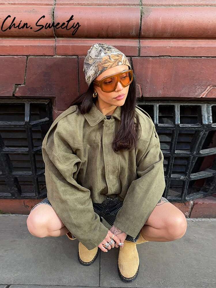 Vintage Suede Solid Women Jacket Casual Lapel Zippers Covered Button Female Coats 2025 Spring Autumn Street Lady Outwear