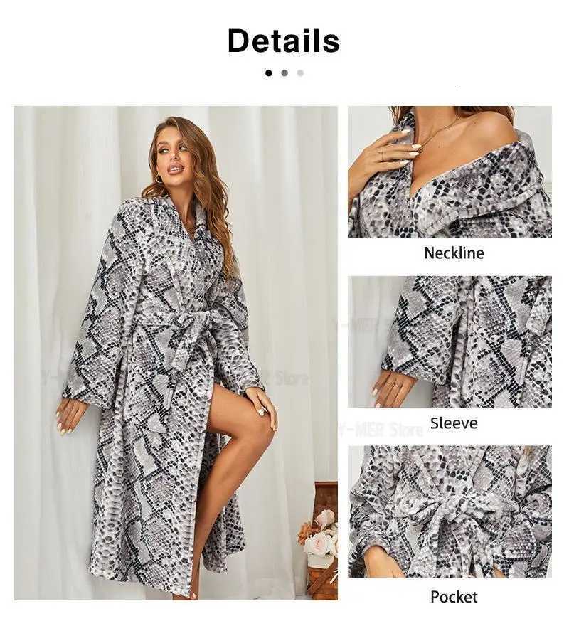 Sexy Snake Skins Robe Women Warm Winter Sleepwear Flannel Kimono Bathrobe Shower Robes Loose Long Home Dressing Fown Nightgown C251104