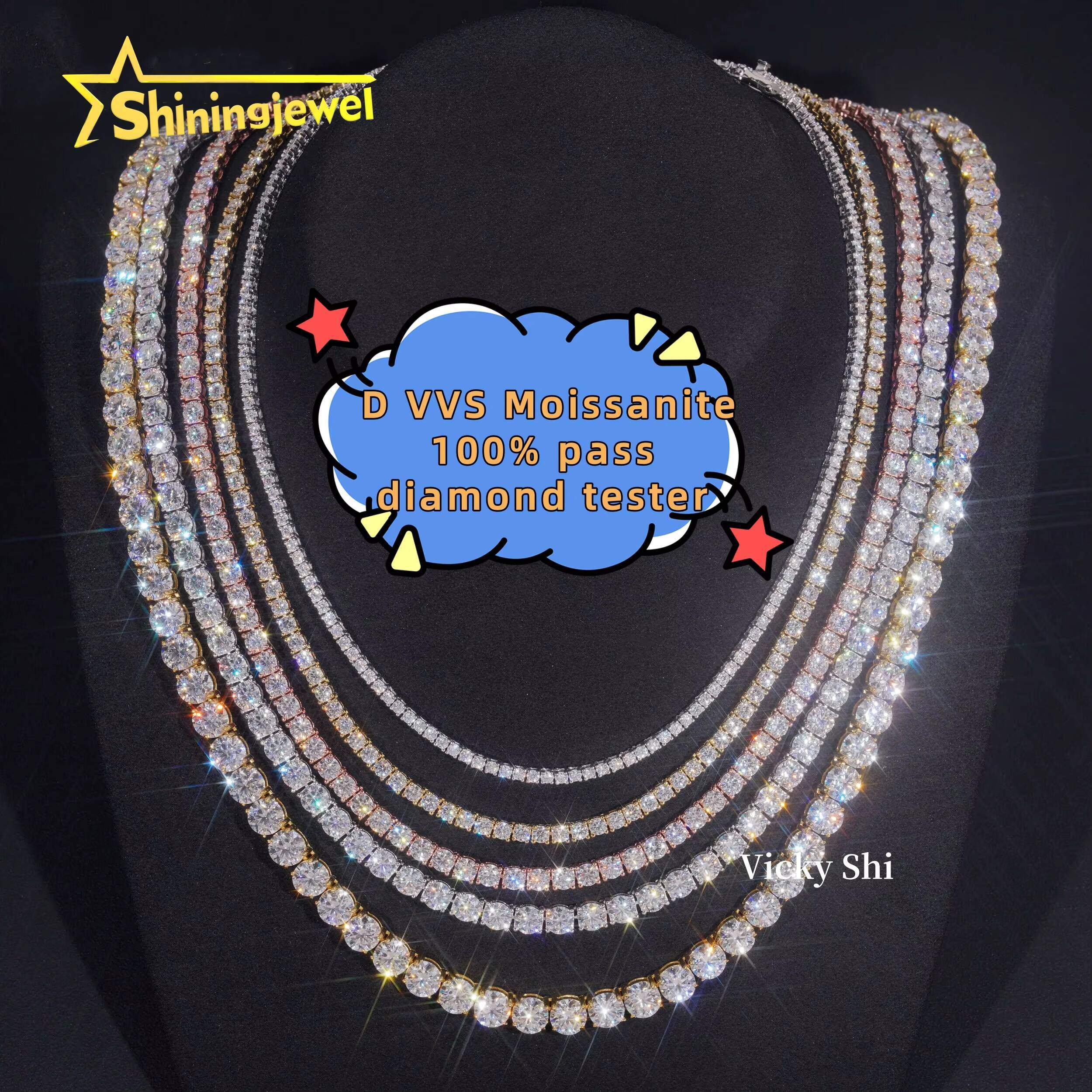 GRA Certificated 925 Silver 2MM to 5MM Moissanite Tennis Chain Men Fine Jewelry Moissanite Tennis Necklace Pass Diamond Tester