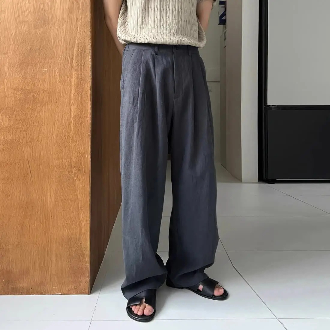 Military Green Cotton Linen Casual Trousers for Mens Summer Japanese Style High-end Versatile Loose Straight Wide-leg Pants 250402