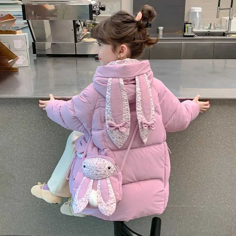 Sanrio Girls Winter Down Jacket 2025 New Design Thickened Long Coat with Bunny Ears Kids Cotton Winterwear H251104