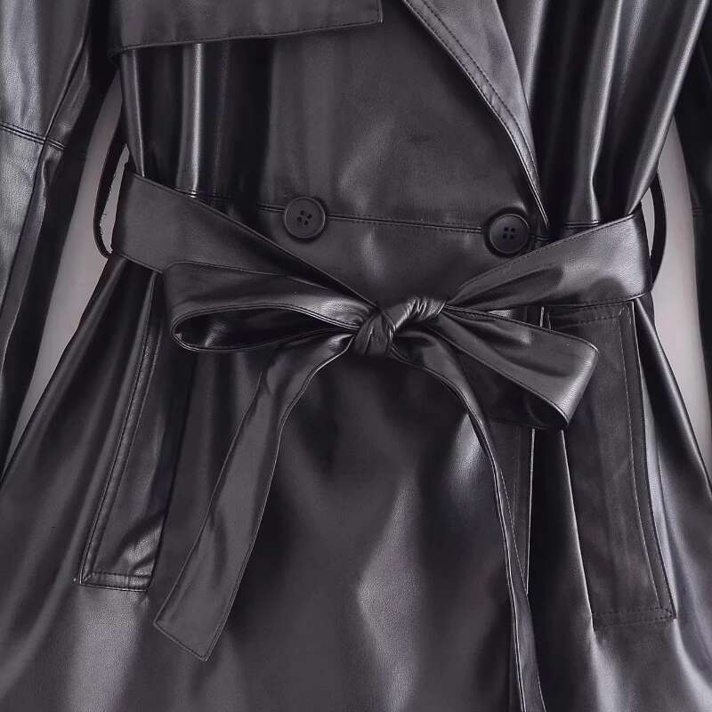 2024 New Outerwear Autumn Winter Women Leather Jacket Black With Belt Single Button Lapel Short Trench Coat Slim Stylish Tops