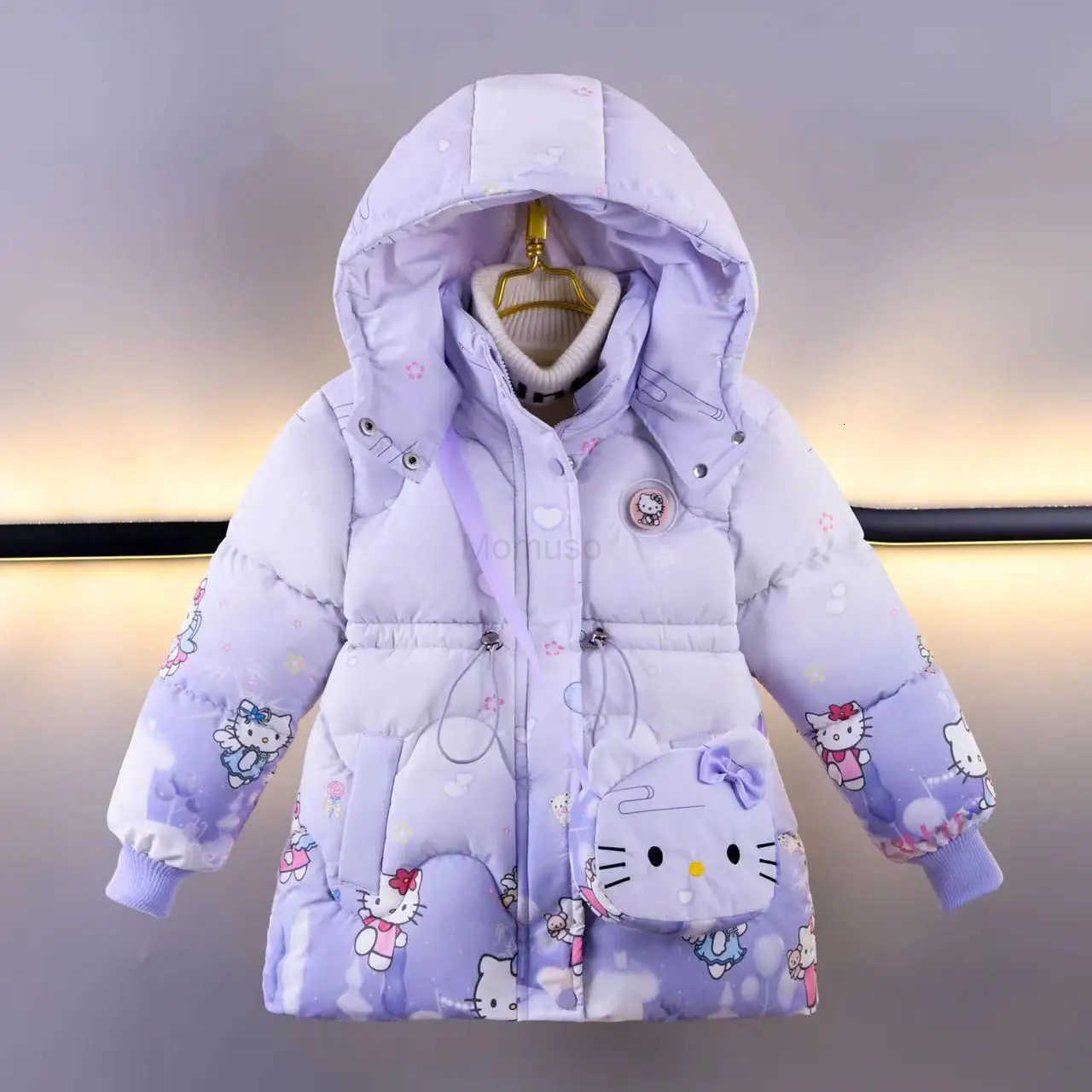 Sanrio Baby Girl Outerwear New Winter Children Cartoon Hello Kittys Printed Plush Thick Warm Princess Coat Zipper Hooded ParkaBag Gift H251104