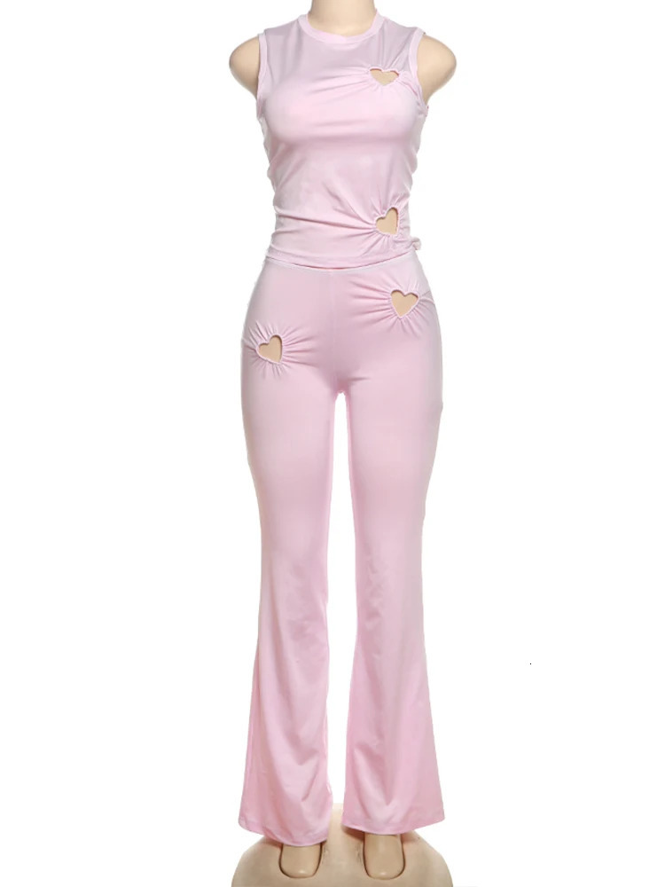 Weird Puss Heart Hollow 2 Piece Set Women o-Neck Sleeveless TopsSkinny Stretch Pants Vacation Casual Simple Elegant Solid Suits 250403