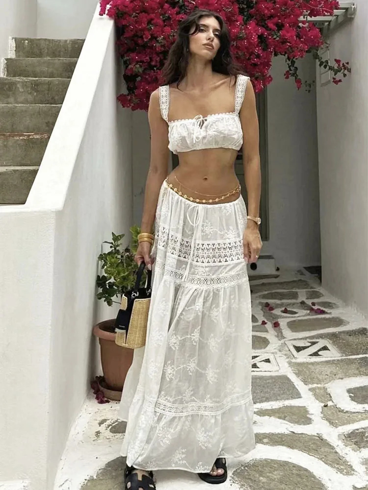 Lace Skirt Set Dress Summer Women Beach Holiday Sexy Cotton Matching Set Outfits Spring White 2 Pcs Vestidos Female Set 2025 250403