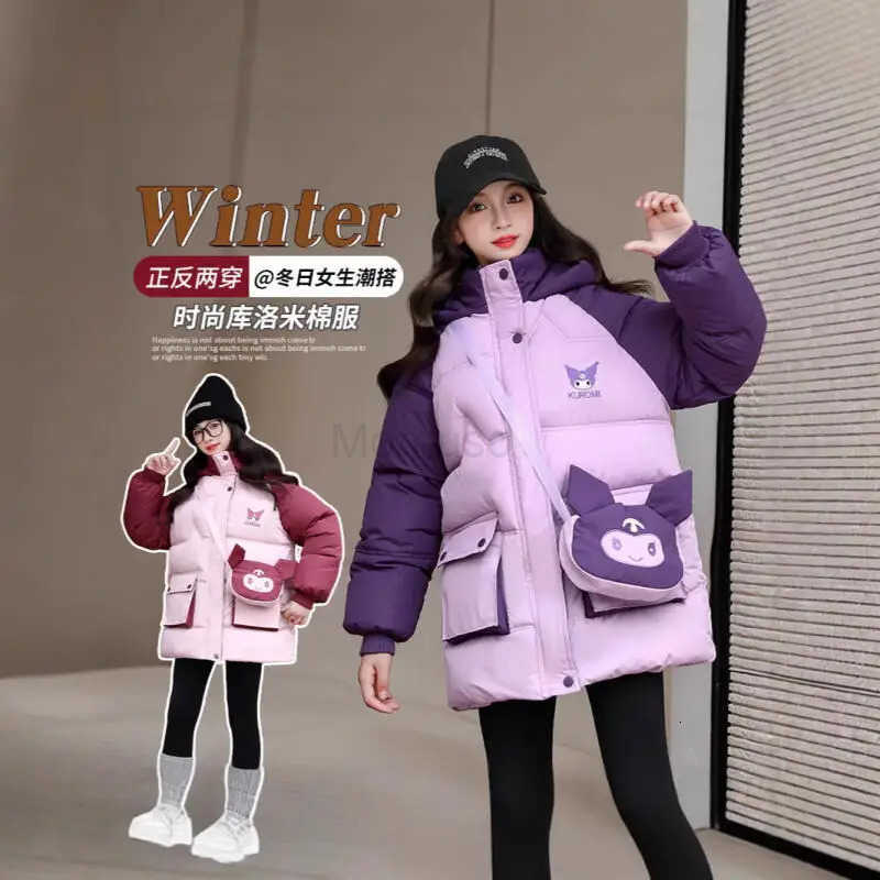 Sanrio Girl Child Cotton Clothes Kuromi Hooded Velvet Thicken Kawaii Anime Figure Childrens Clothing Autumn Winter New Jacket for Kids H251104