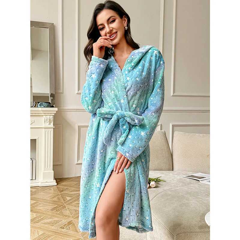 Womens Autumn/Winter Plush Loose-Fit Robe Long-Sleeved Double-Faced Velour Tie-Waist Warm Nightwear Homewear Morning Robe C251104