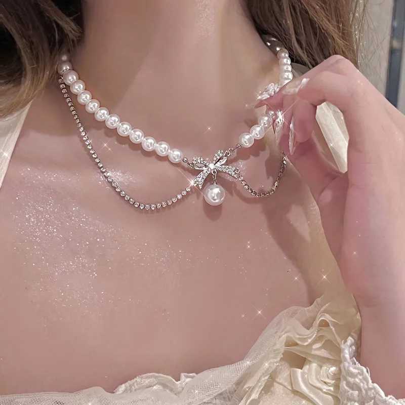 Kpop Irregular Bow Chain Necklaces Y2K Zircon Crystal Beads Tassel Necklace Aesthetic Double Chain Choker Necklaces Jewelry GiftXJ251104