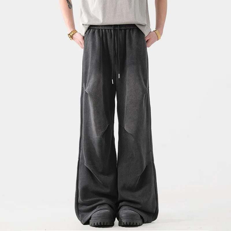 2025 Spring Pleated Design Washed Pants Men's American Street Drawstring Niche Casual Wide Leg Trousers New Fashion Z260315