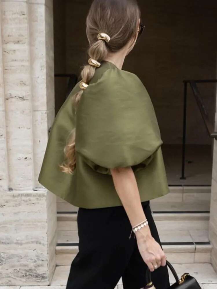 Satin Puffed Sleeves Short Top Loose Bubble Sleeved Round Neck Shirts Solid Color Female Blouse Spring Summer Women's Clothing