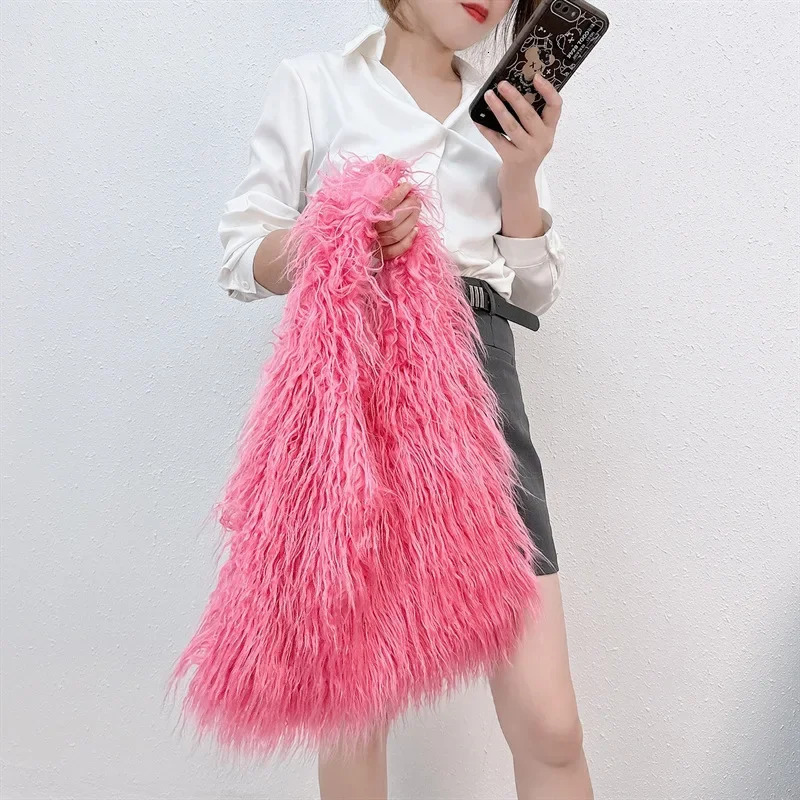Retro Y2k Girls Faux Fur Shoulder Bags Large Capacity Women Plush Underarm Bag Solid Color Ladies Fluffy Tote Handbags251104ww