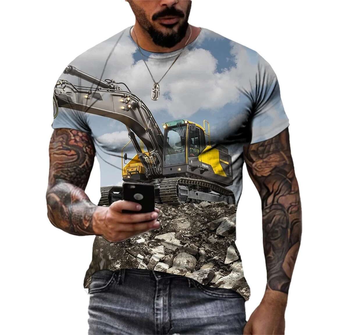Summer Men's Personalized T-shirt nical Engineering Vehicle Graphics Excavator 3D Printing Short Sleeve Casual Round Neck T