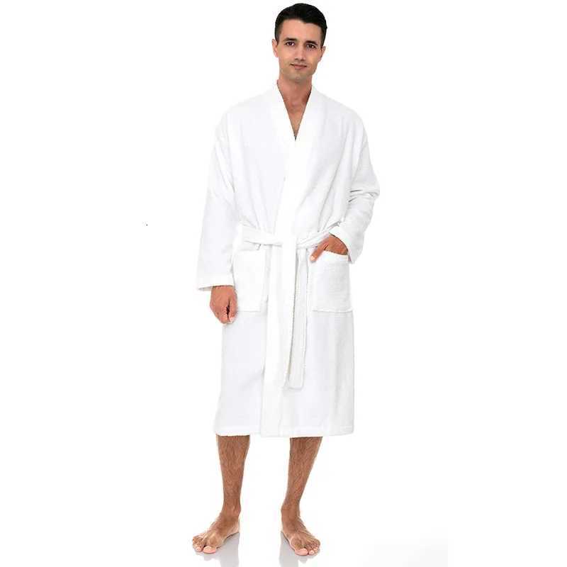 100 Cotton Mens Winter Bathrobe Solid Terry Homewear Pockets V Neck Length Robe Kimono With Sashes For Male 2024 C251104