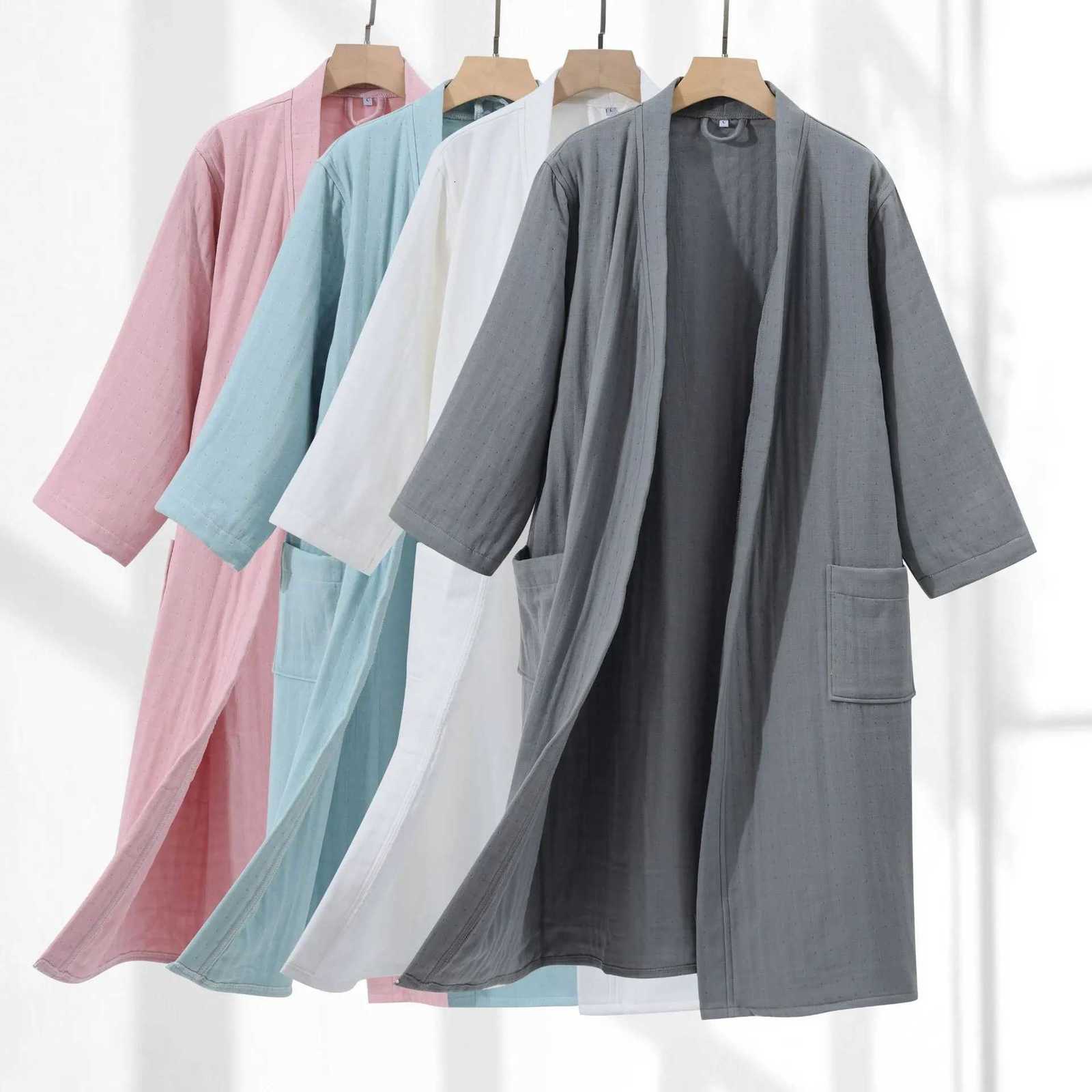 100 Cotton 4 Layer Gauze Kimono Robe 2024 New Women And Men Hooded Bathrobe Nightgown Soft Home Clothes Solid Hotal Spa Robes C251104