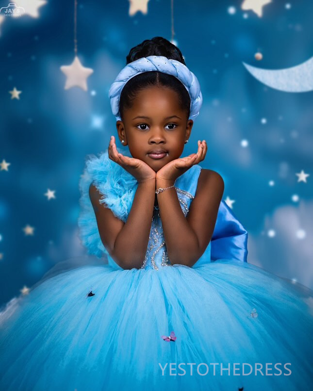2025 Aso Ebi Blue Flower Girl Dresses Children Birthday Dress Illusion Sheer Neck Rhinestones Beaded Lace Tiered Tulle Princess Queen Ball Gown For Ma