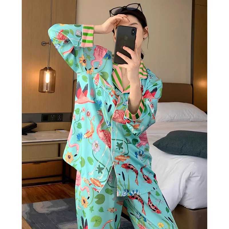 Designer Womens Pajamas Sets Spring Autumn 2 Piece Animal Print Pyjama Faux Silk Satin Sleepwear Long Sleeve Pijama Mujer Pjs Homewear Y251104