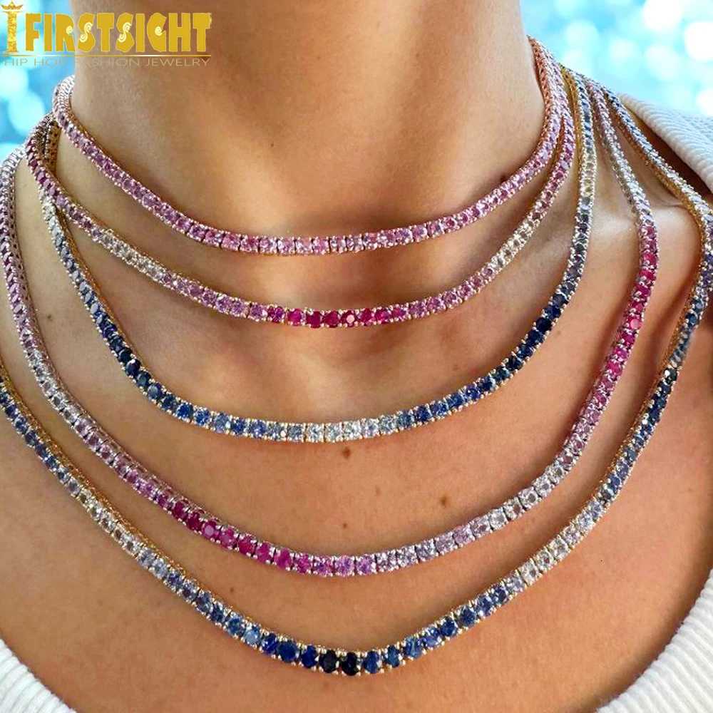 Iced Out Clustered Tennis Chain Necklace Hip Hop Rainbow Cubic Zirconia Silver Color Fashion Rock Women JewelryXJ251104