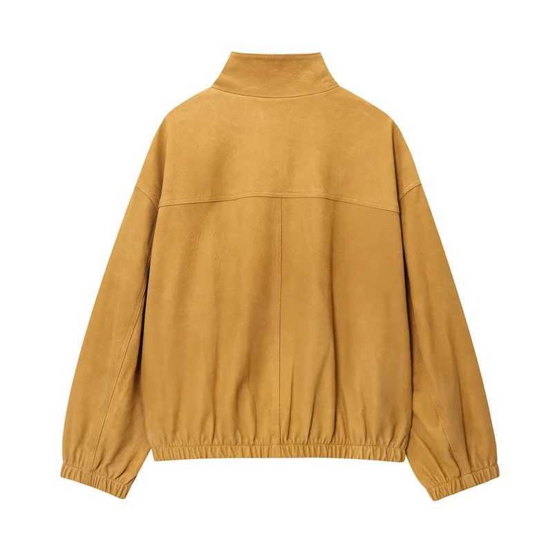 Womens Jacket 2025 New Bomber Jacket Leather Fabric Stand Collar Single Breasted Womens Casual High Street Coat J251103