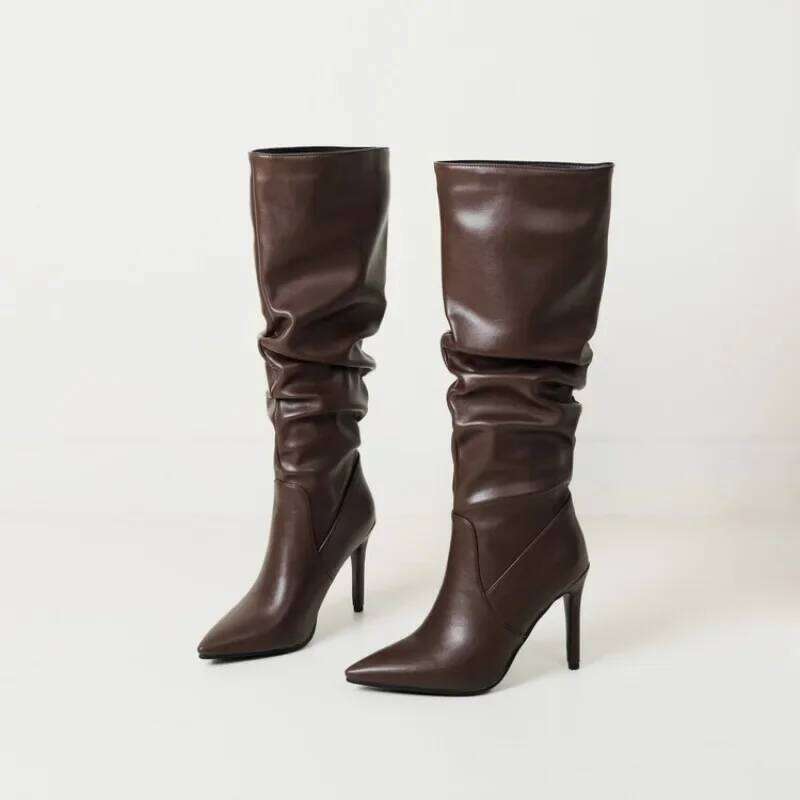 New Black Brown Pleated Lazy Long European American Style 10cm High-heeled Pointed Autumn Winter Women Knee High Boots 43