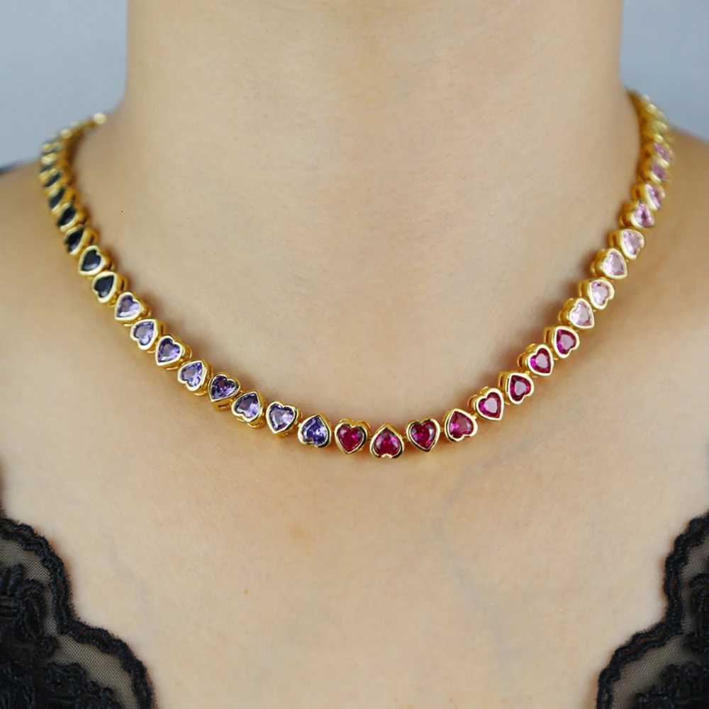 2025 New Iced Out AAA Cubic Zirconia Heart Tennis Chain Necklace Gold Color Rainbow CZ Charm Choker Hip Hop Jewelry For WomenXJ251104