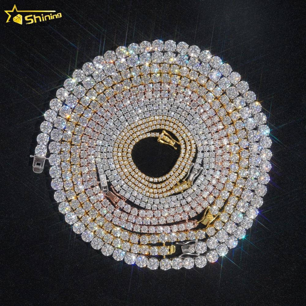 Ship Worldwide 2mm 3mm 4mm Factory Wholesale Solid S925 Gold Plated Hip Hop Necklace VVS D Color Moissanite Diamond Tennis Chain
