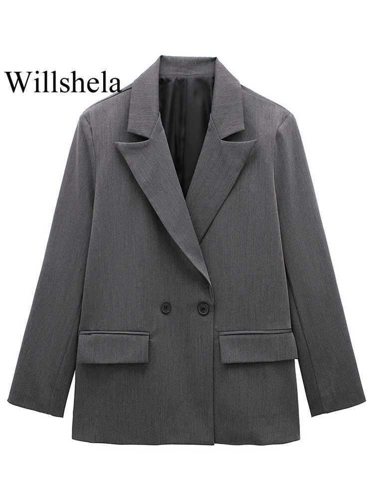 Willshela Women Fashion With Pockets Solid Double Breasted Blazer Vintage Long Sleeves Notched Neck Female Office Lady Outfits J2511031