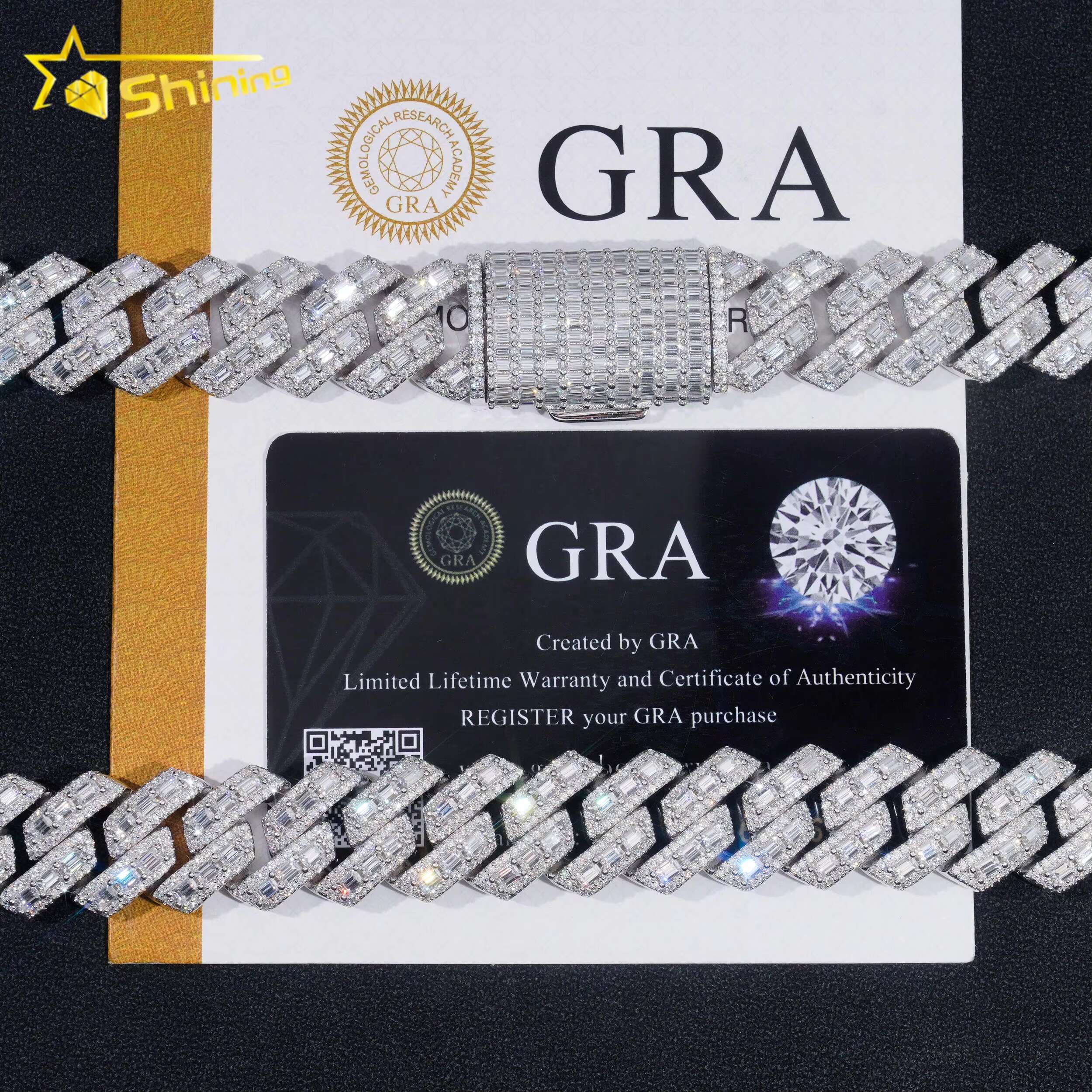 Pass Diamond Tester Rapper Jewelry Iced Out Baguette 18MM 925 Silver Hip Hop Moissanite Cuban Link Chain