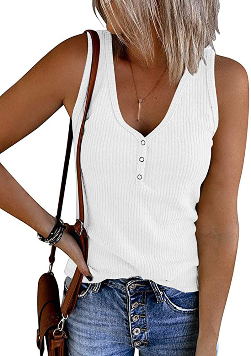 2025 Women's Summer Button Fit Knitted Tank Solid Color V-neck Sleeveless Top for Women