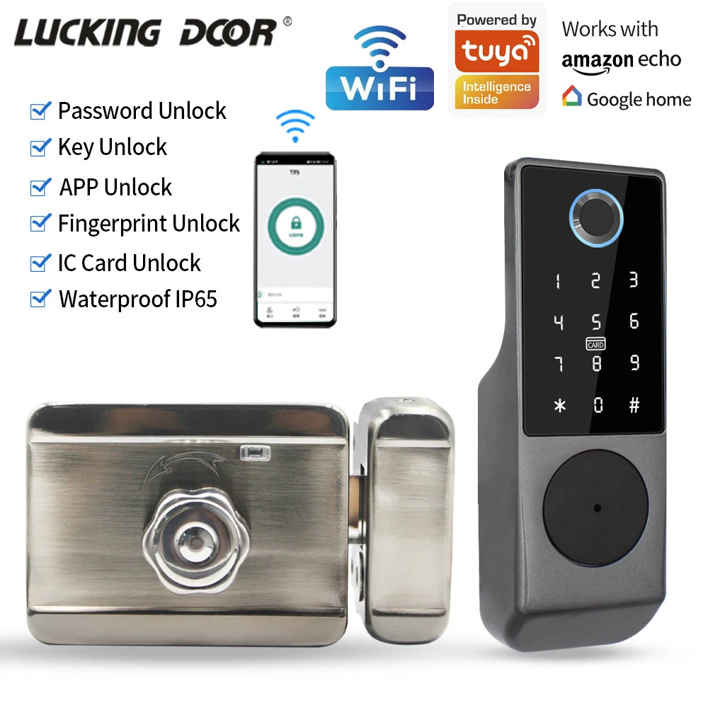 Waterproof Tuya Wifi Remote Control Fingerprint Motor Rim Lock Card Code Smart Door Lock Work for Google Alexa Echo 250402