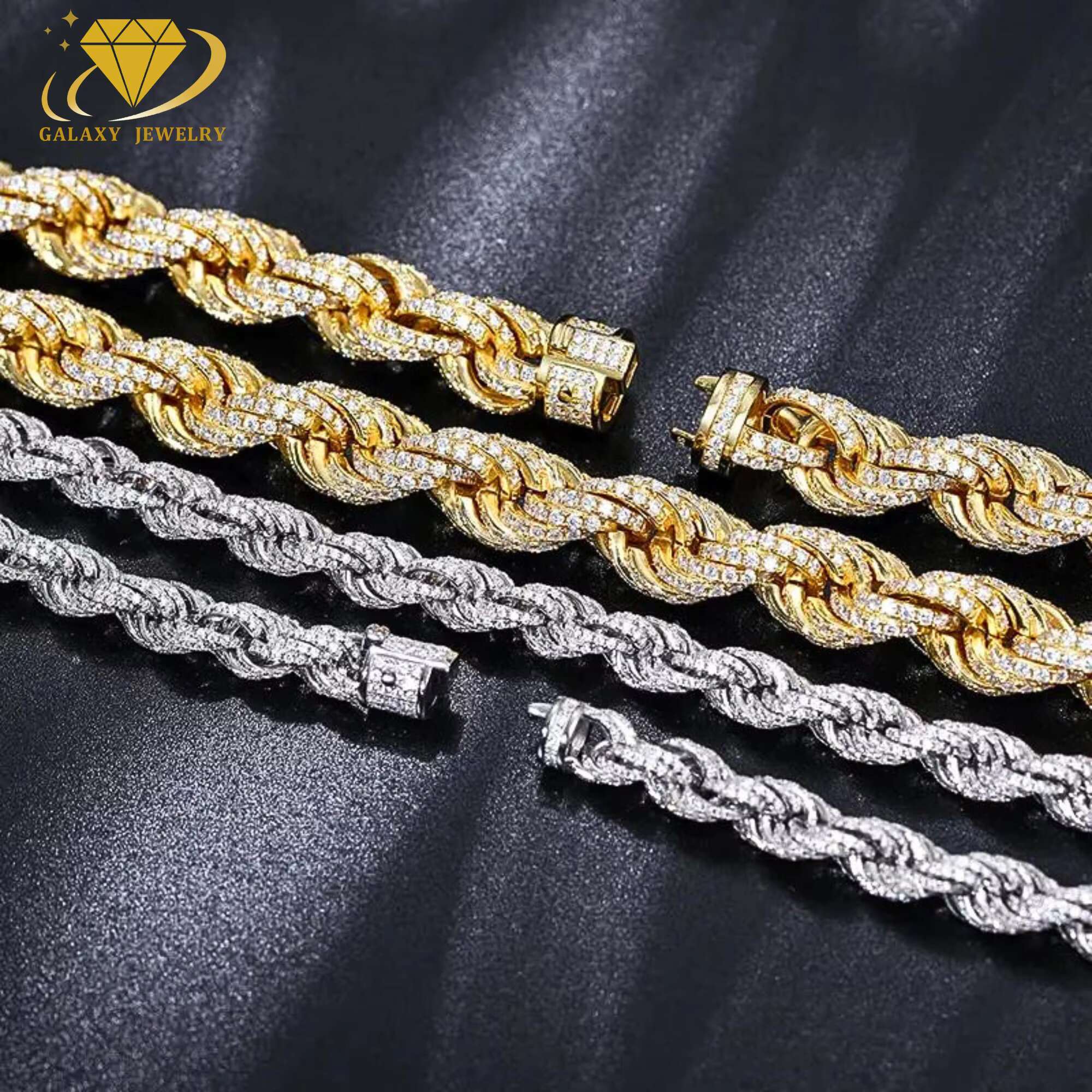 Full Iced Out Hip Hop Jewelry Moissanite Diamond Cut Rope Chain Necklace Sterling Silver 8/10/12mm Twisted Diamond Rope Chain