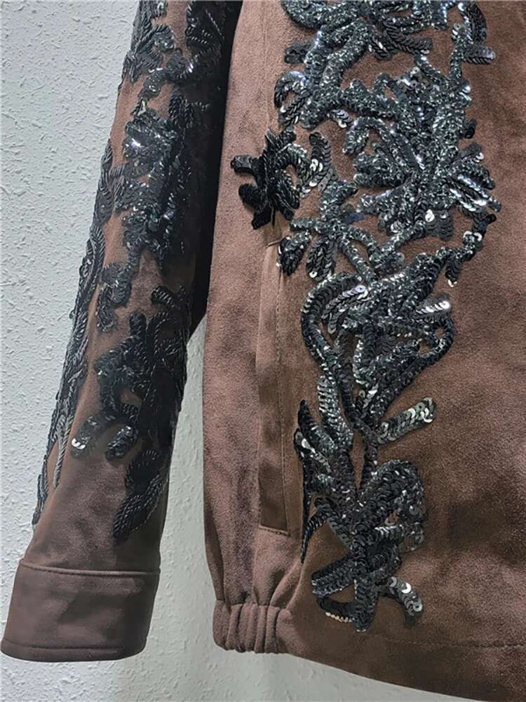 Women's Blazer Notched Collar Embroidery Sequins Brown Faux Suede Vintage Suit Jackets 2025 New Fashion Spring