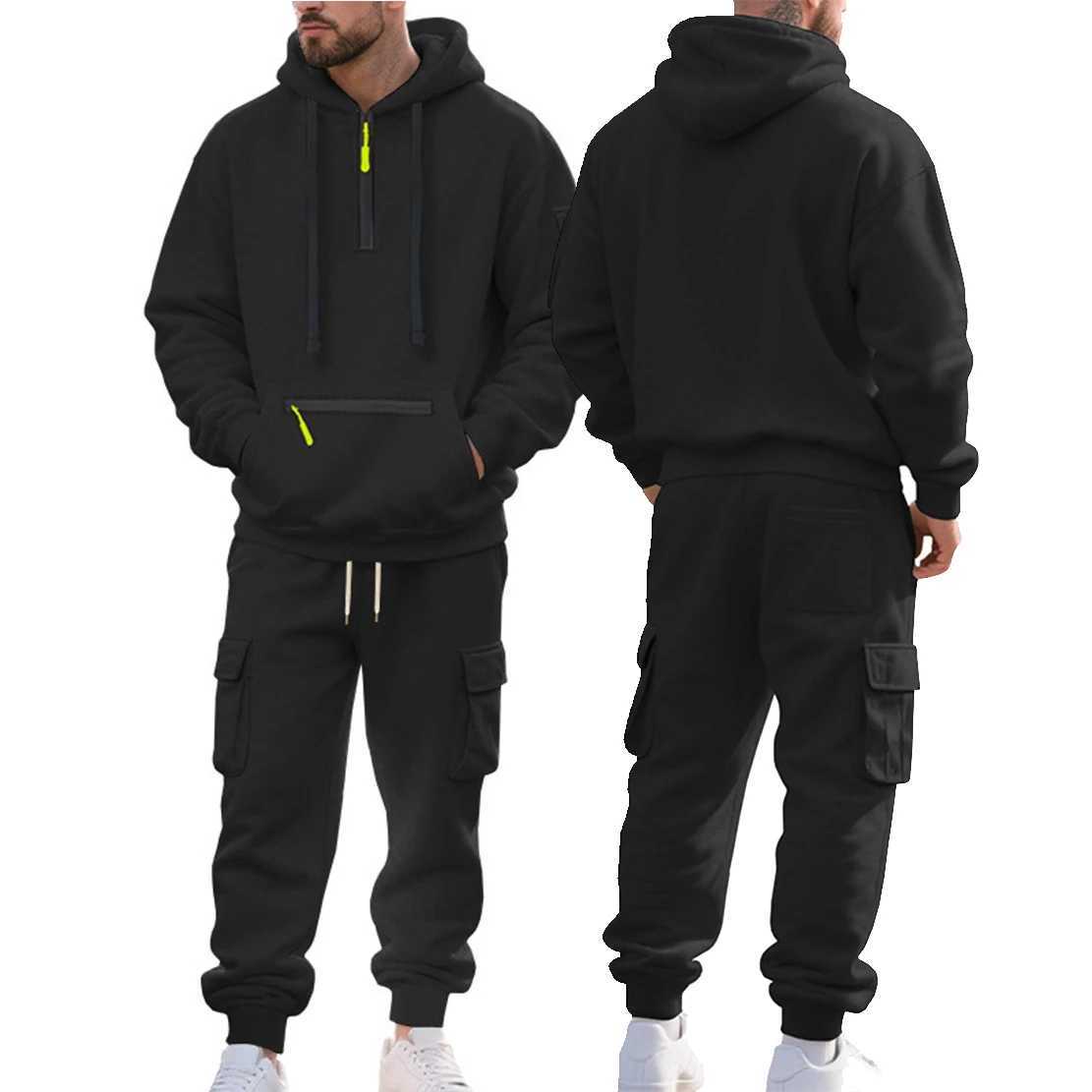 Mens Heavyweight FleeceLined Casual Tracksuit Set for Winter LooseFit HalfZip 2Piece Workwear Style J251104