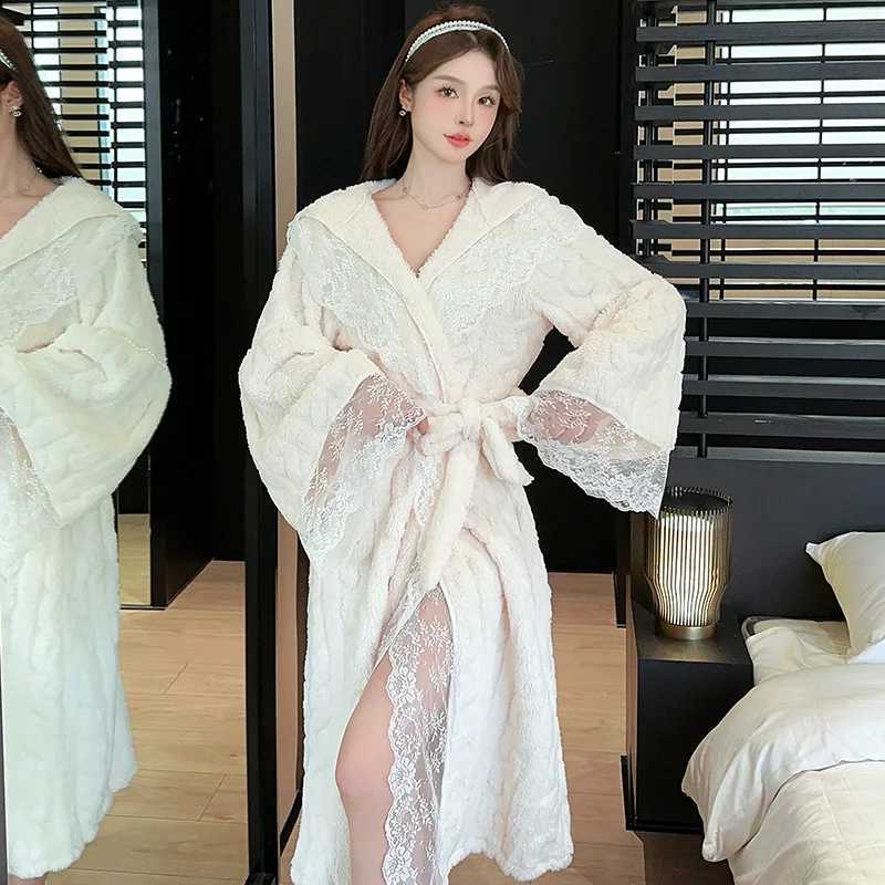 Winter Jacquard Flannel Robe Womens Long Bathrobe Hairy Hooded Thickened Warm Sleepwear Sweet Sexy Lace Home Dressing Gown C251104