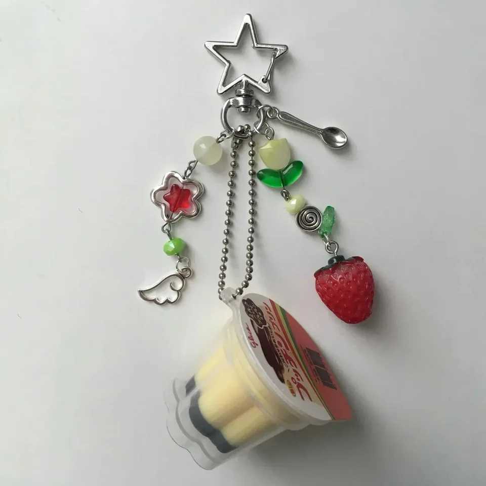 Japanese Pudding Keychain Pink Yellow Egg Flan Charm Y2K Heisei Retro Aesthetic Beaded Accessory Matching Purse or Bag GiftsW251103