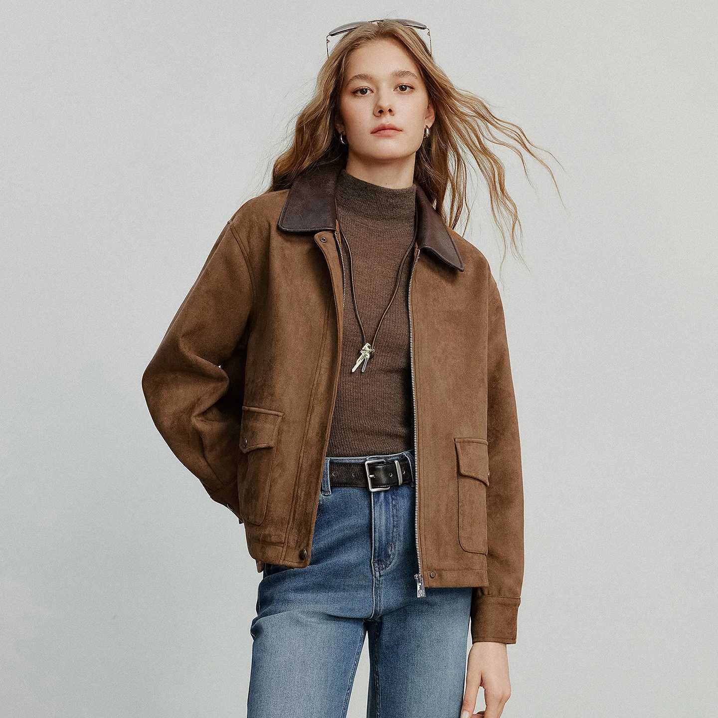 TOYOUTH Women Jacket coat 2025 Autumn New Vingtage Barn Style Suede Leather Patchwork Collar Jacket Brown J251103
