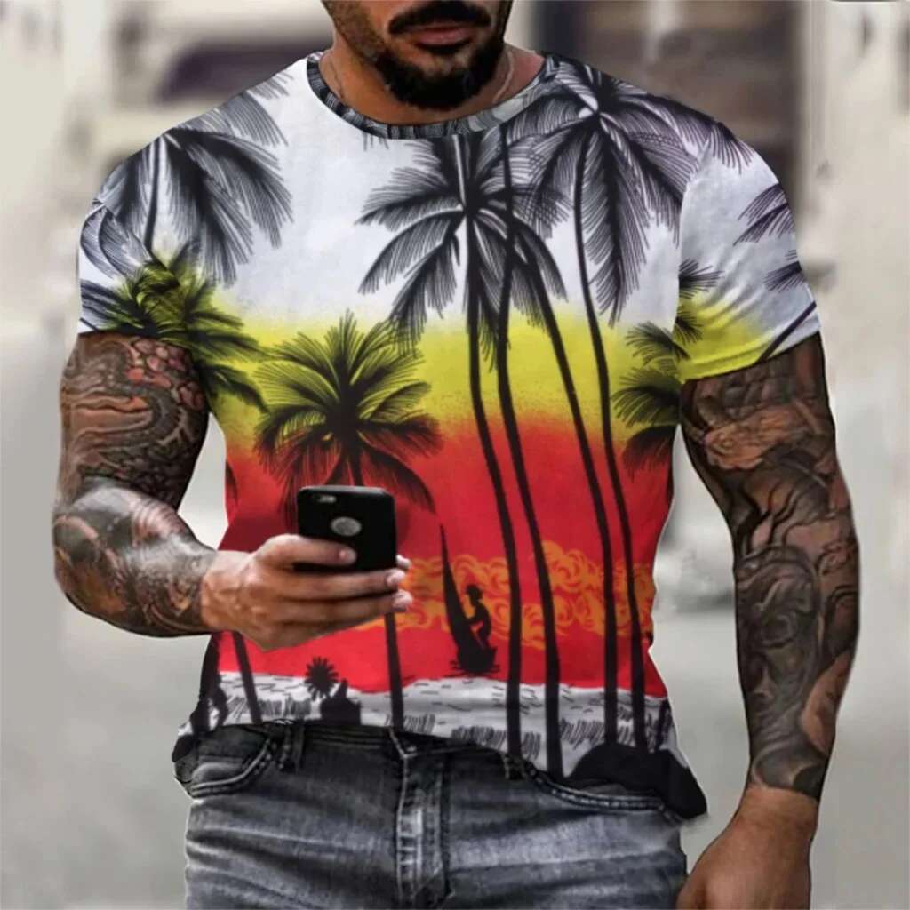 Fashionable and Lnteresting Beach Palm Pictures For Men's T-Shirts Trend Digital Printing Casual Round Neck Short Sleeved