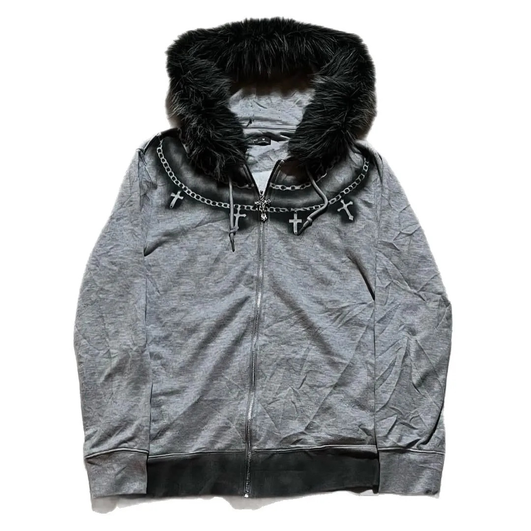 Mens Hoodie Y2K Gothic Streetwear Gray Zip Up Sweatshirt Faux Fur Hood Chain Cross Decor Vintage Washed Dark Punk Casual Fashion 251103