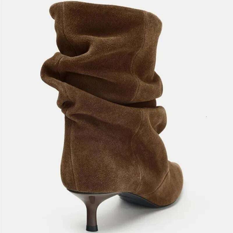 Suede Winter Women High Pointed-Toe Pleated Short Female Brown Retro Elegant Designer Ankle Boots Bottes Femmes