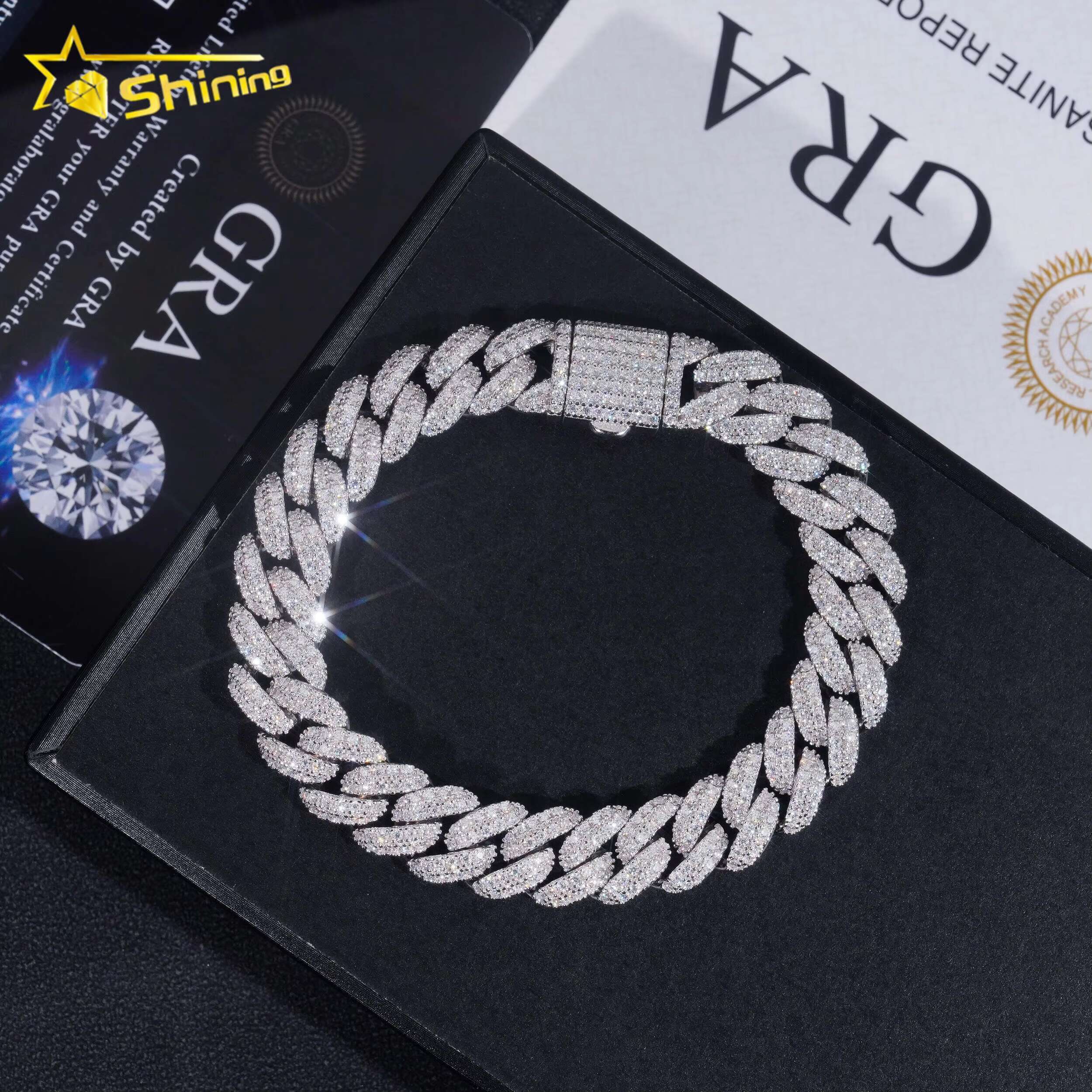 Factory Price High Quality VVS Diamond Two Row Moon Shape 925 Silver 10MM Moissanite Cuban Link Chain