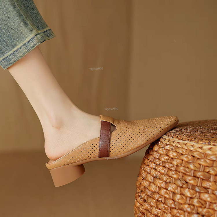 New Designer Sandals With Free Shipping French Breathable Hollow Half Women Summer Soft Leather Round Toe Cool Slippers For Lazy People, Low Heeled M 